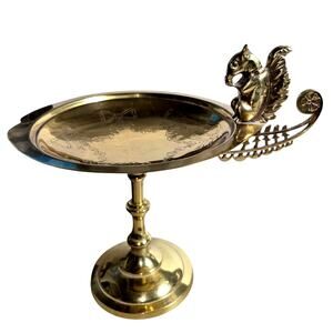 Vintage Lacquered Solid Brass Tazza Whimsical 3D Squirrel Pedestal Nut Dish Tray